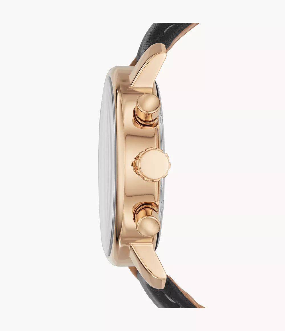 Fossil Chronograph Black Leather and RoseGold Dail Watch