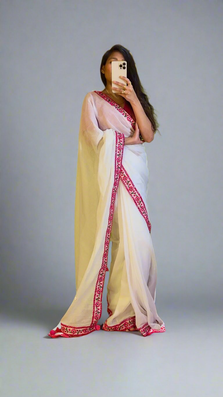 Minimal Muse - White Mul Cotton Saree with Pink Lace