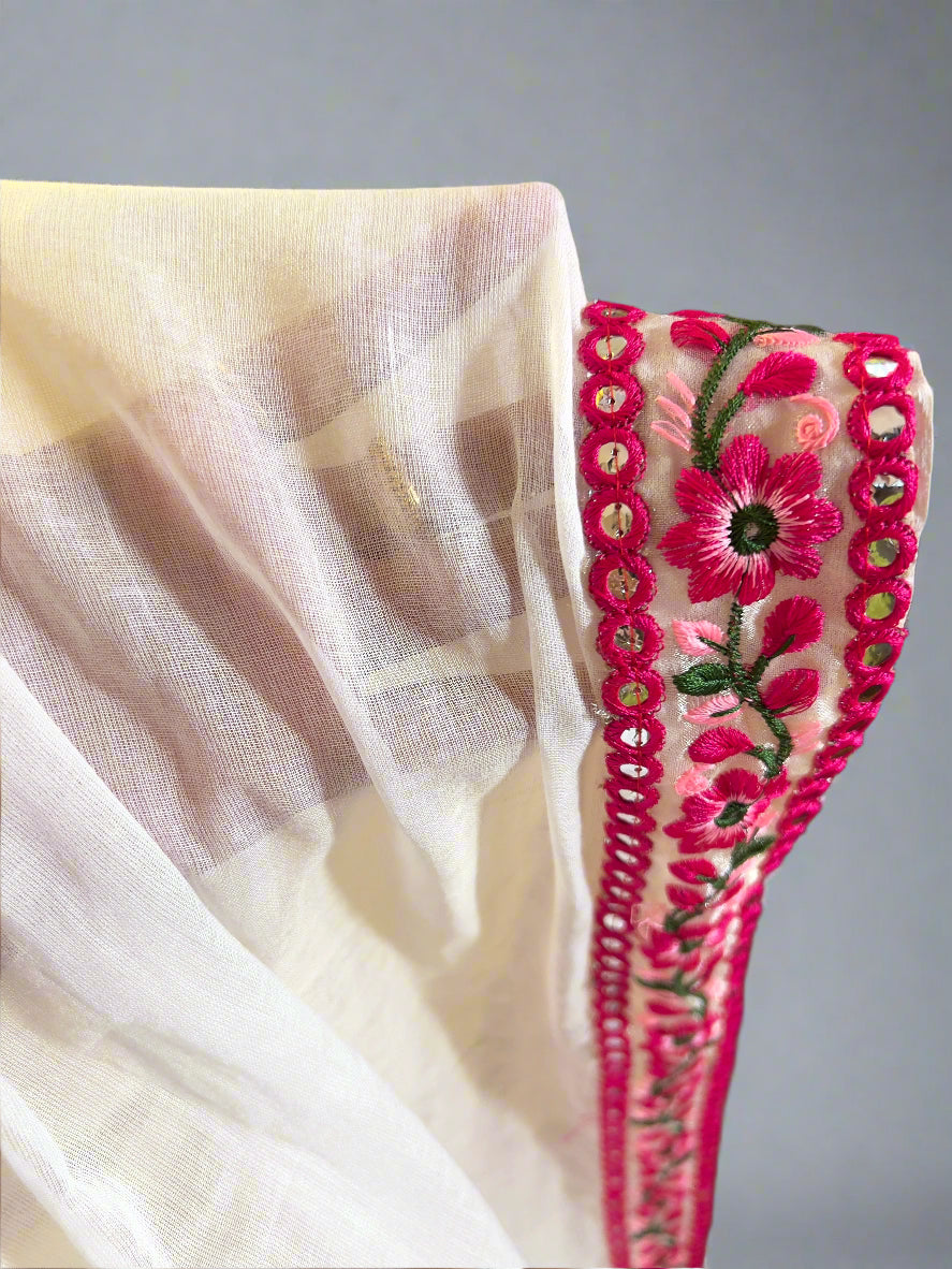 Minimal Muse - White Mul Cotton Saree with Pink Lace